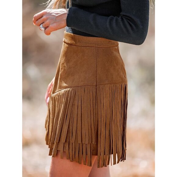 Women Fringe Skirt Western Cowgirl Terra High Waist Mini Skirt Orange Brown - Picture 5 of 7